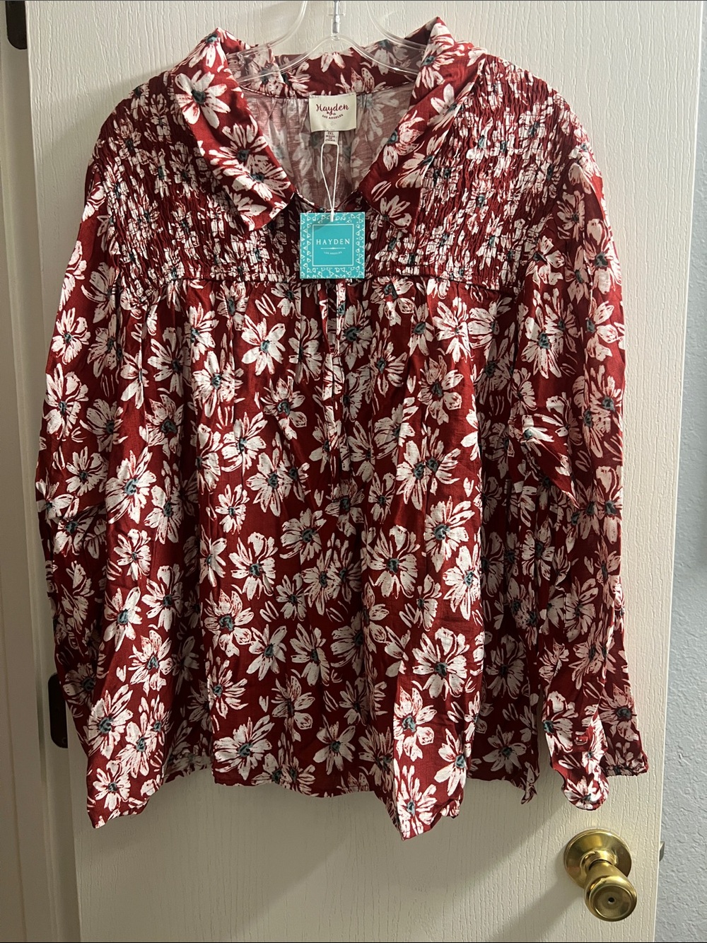 Hayden Maroon Floral Smocked Yoke Blouse